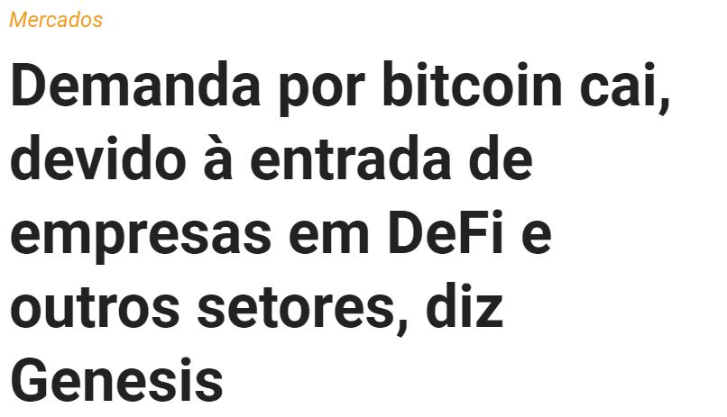 Reportagem diz que a demanda por bitcoin está caindo devido à entrada de empresas em criptomoedas DeFi e outros setores.