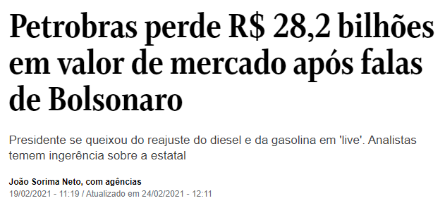 Manchete de fevereiro de 2021 diz que a Petrobras perdeu 28,2 bilhões de reais em valor de mercado após falas de Bolsonaro. 