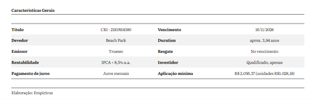 Imagem de uma tabela com números que representam as informações sobre o título de renda fixa