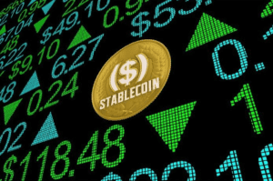 Imagem de uma moeda estampada com a palavra Stablecoin