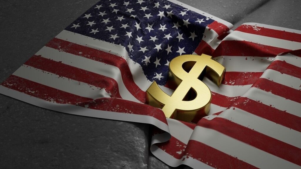 Bandeira dos Estados Unidos com um cifrão em alusão ao S&P 500 treasury treasuries tesouro eua
