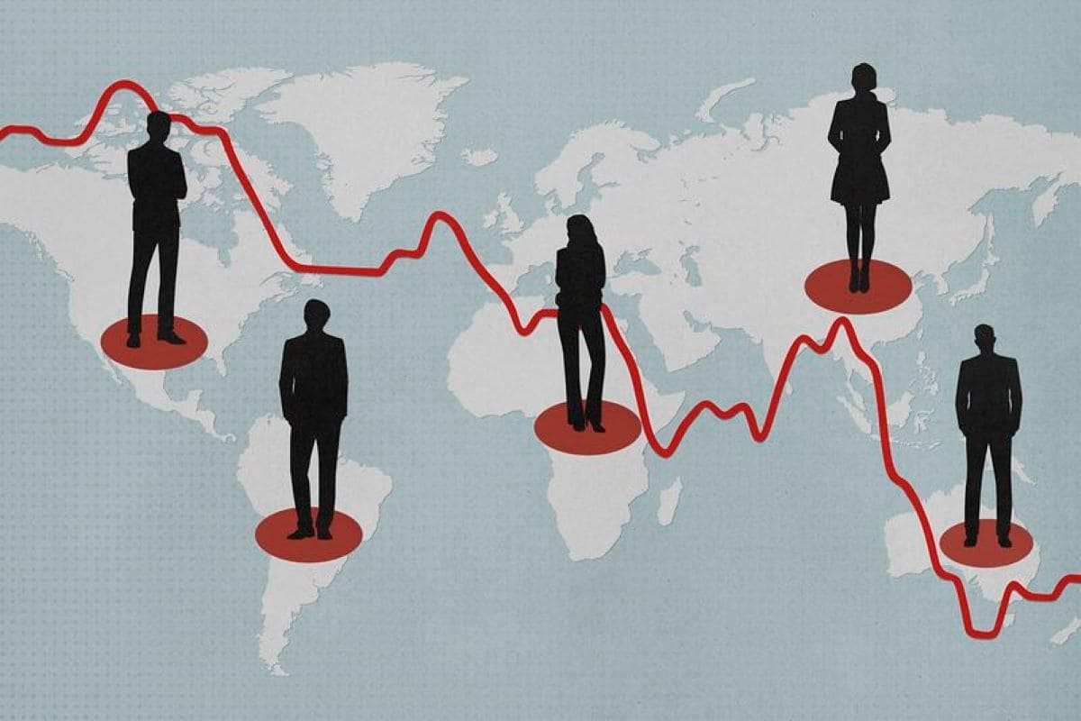 Imagem representando o risco país, mostrando pessoas em um mapa-mundi com um gráfico de risco no fundo.