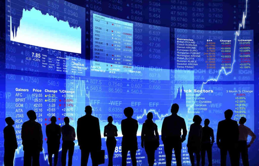 Imagem representando o Novo Mercado, mostrando investidores observando cotações e gráficos.