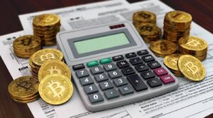 Imagem representando como declarar Bitcoin e criptomoedas no Imposto de Renda, mostrando uma calculadora ao lado de moedas fictícias de Bitcoin e com uma declaração de impostos ao fundo.