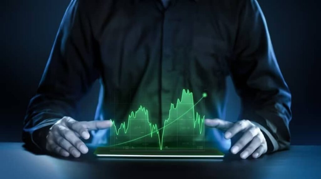 Imagem representando o buy-side, com uma pessoa ao fundo e um gráfico no tablet.