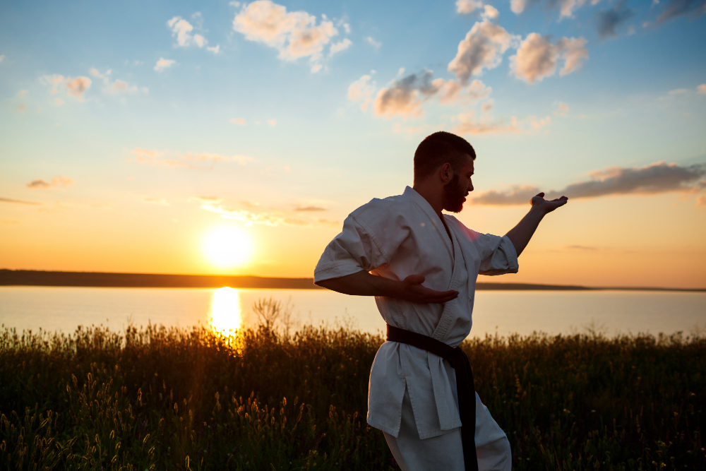 homem treinando artes marcias ao pôr-do-sol