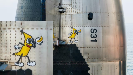 Logo do projeto Banana For Scale estampada no foguete SpaceX S31 Starship. Fonte: Reprodução/Business Today
