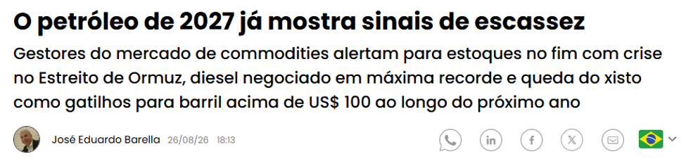 Alerta no petróleo: crise nos estoques globais pode ter sido apenas ‘adiada’ para 2027; quais os impactos para os seus investimentos?